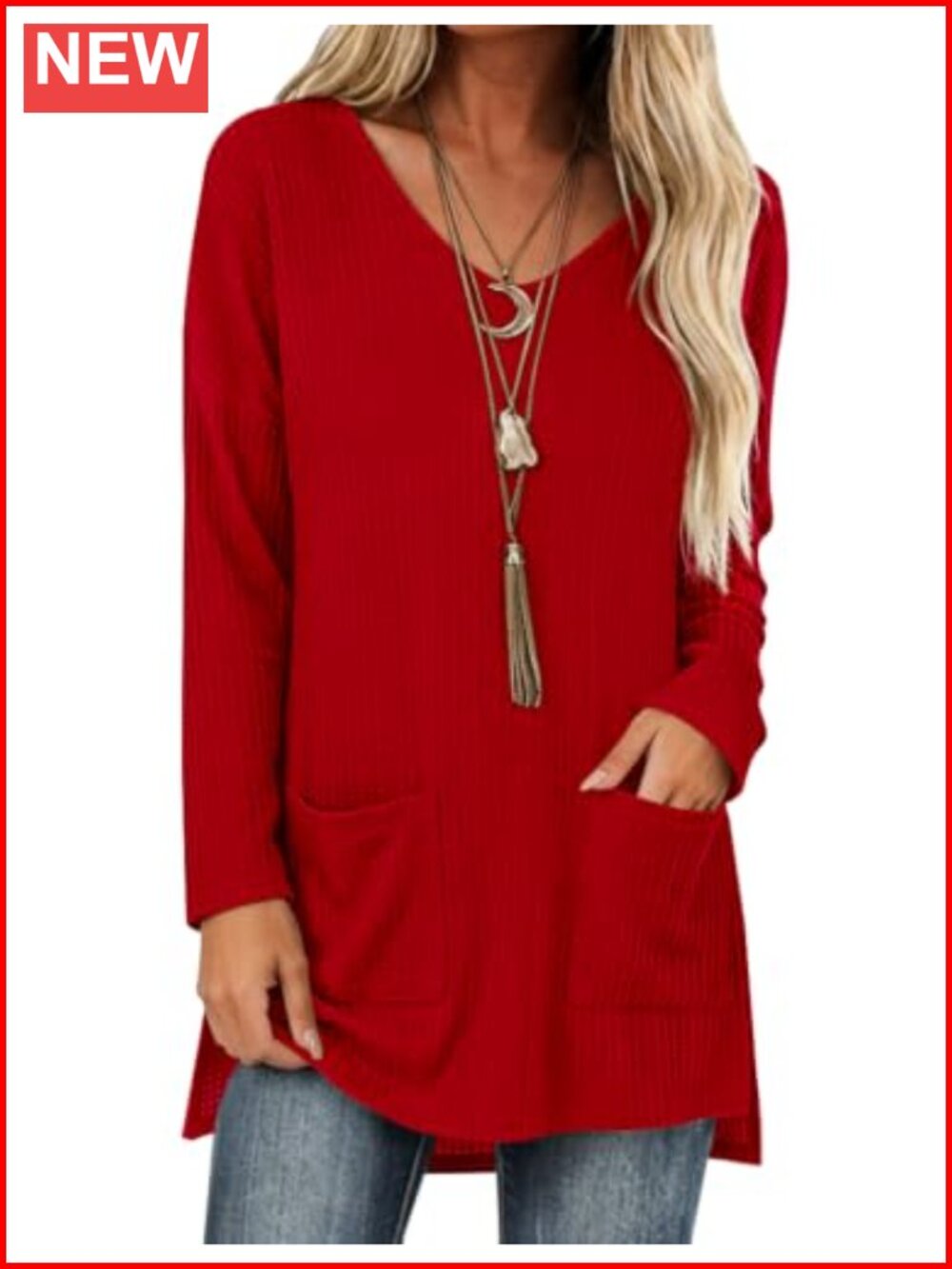 Waffle Knit Tunic Top for Women Loose Fit Long Sleeve Split Sweater